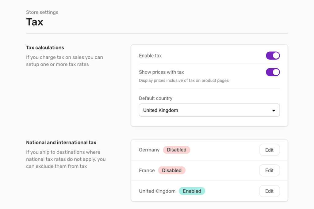 User Interface for national tax rate selection