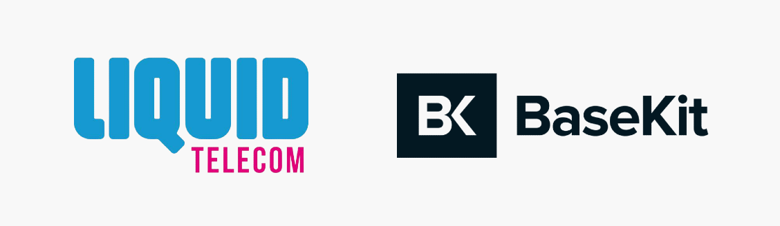 Blue and pink Liquid Telecom logo with black BaseKit logo