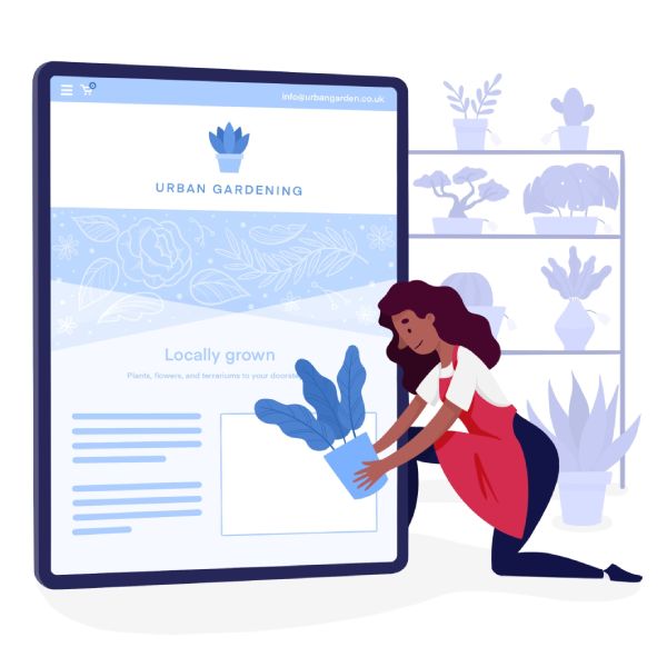 An illustration of a small business owner with a plant pot using a BaseKit website builder